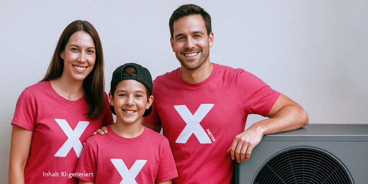 Familie mit einem X auf roten Shirts stehen vor einer Wärmepumpe