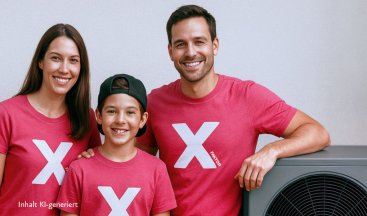 Familie mit einem X auf roten Shirts stehen vor einer Wärmepumpe