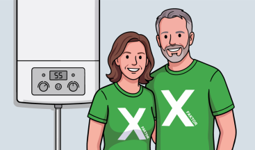 Zwei Personen mit einem X auf grünen Shirts stehen vor einer Gasheizung
