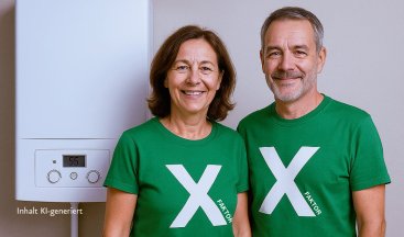 Zwei Personen mit einem X auf grünen Shirts stehen vor einer Gasheizung