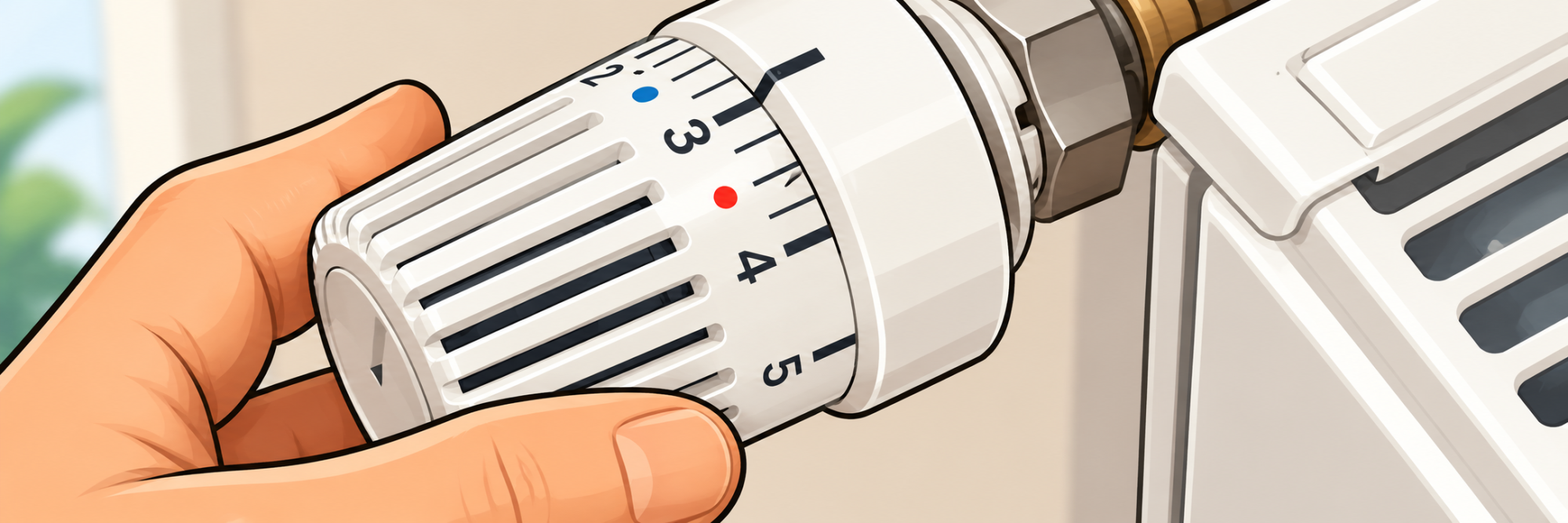 Hand dreht Thermostat am Heizkörper