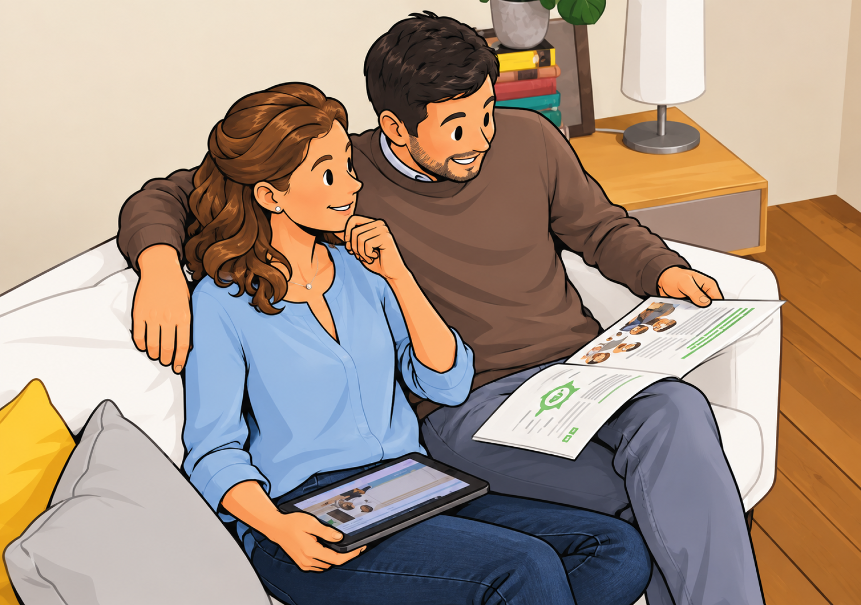 Gemütliches Paar mit Tablet und Katalog