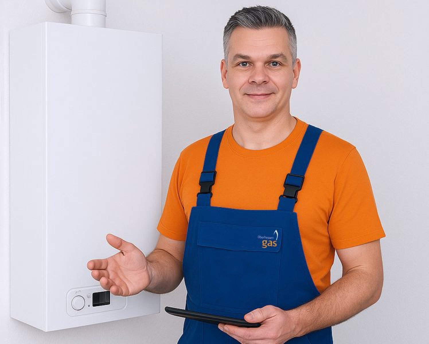 Heizungsmonteur steht vor Gaskessel