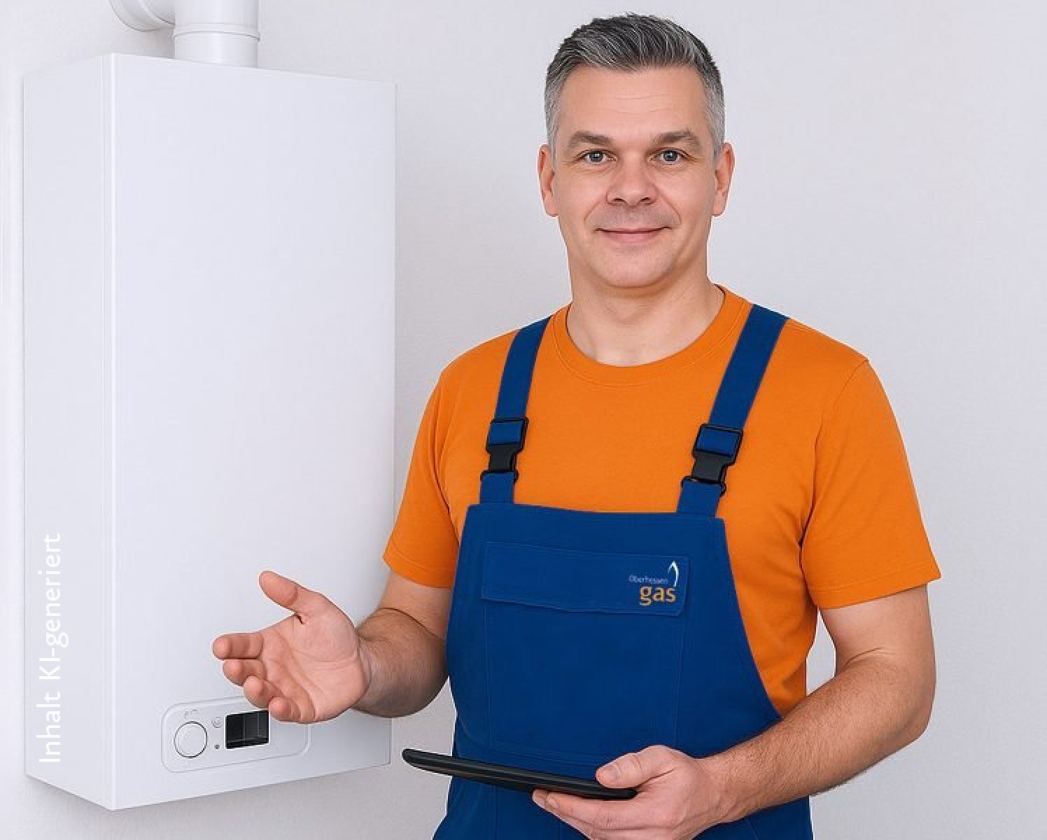 Monteur steht neben einer Gastherme