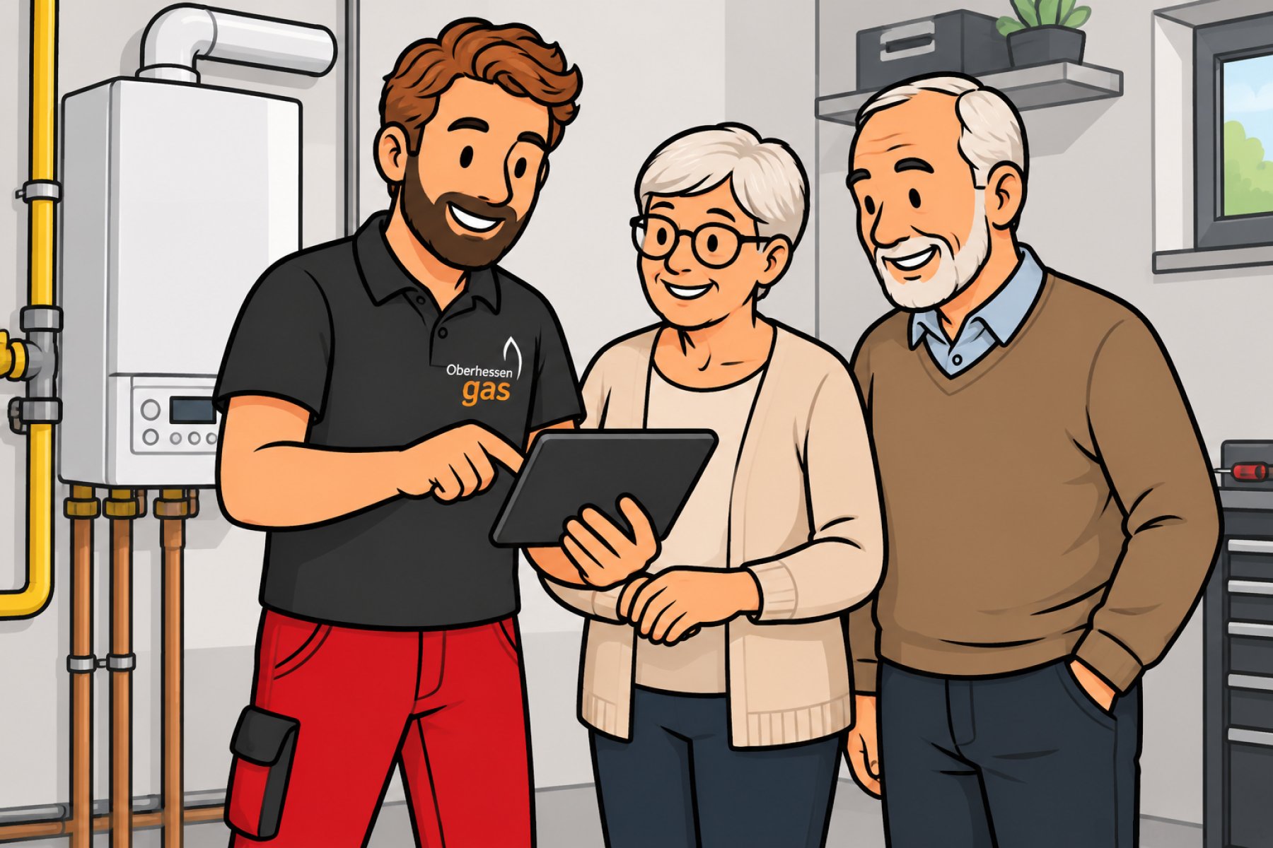 Der Monteur zeigt einem älteren Paar etwas auf seinem Tablet