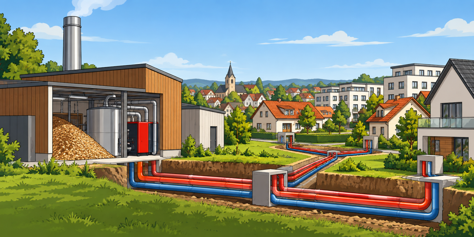 Nahwärmenetz zwischen Heizwerk und Stadt