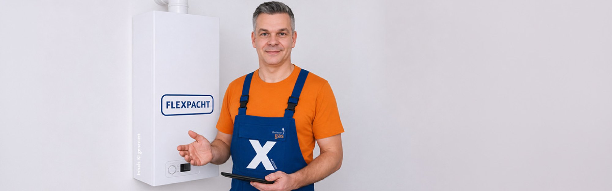 Monteur steht neben einer Gastherme