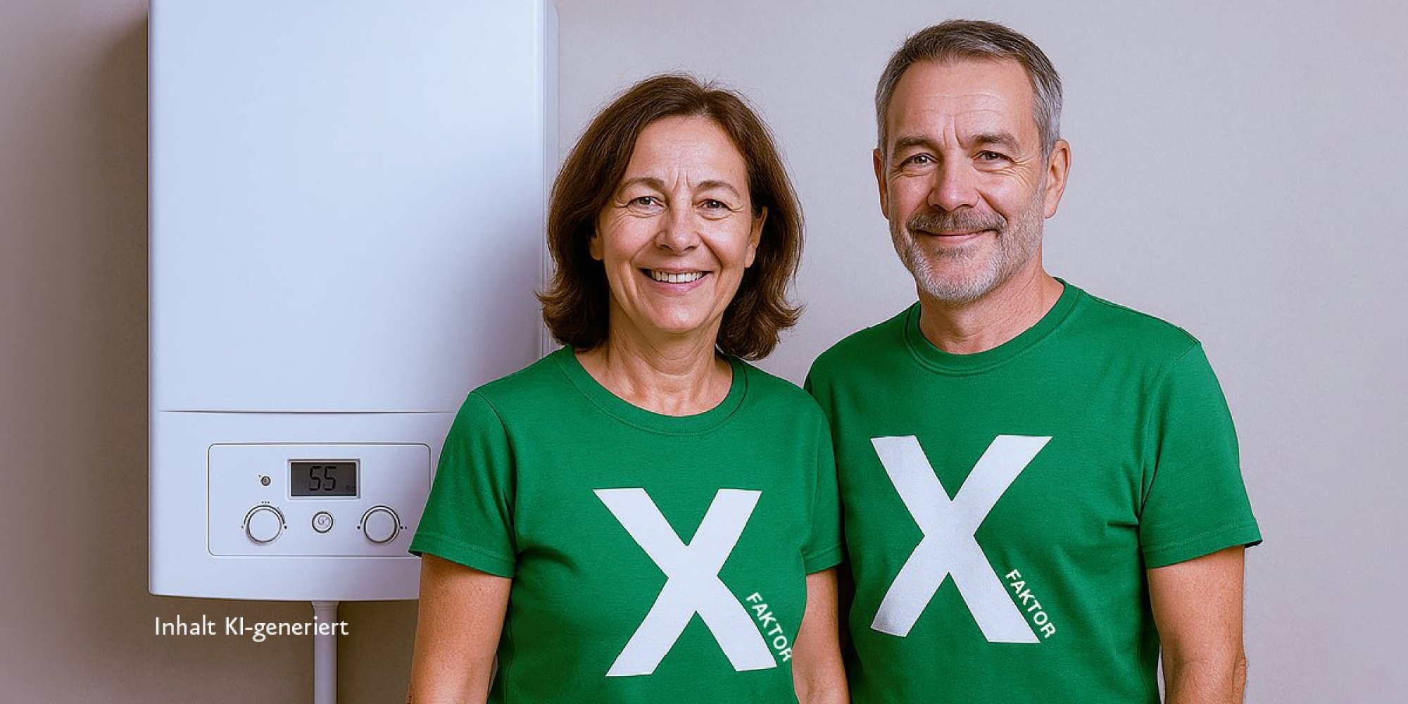 Zwei Personen mit einem X auf grünen Shirts stehen vor einer Gasheizung