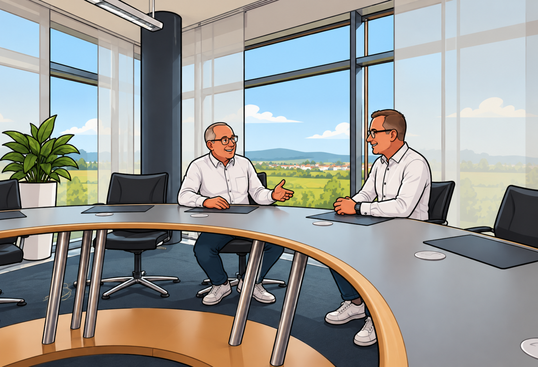 Konferenzgespräch zwischen zwei Personen mit Blick auf die Wetterau