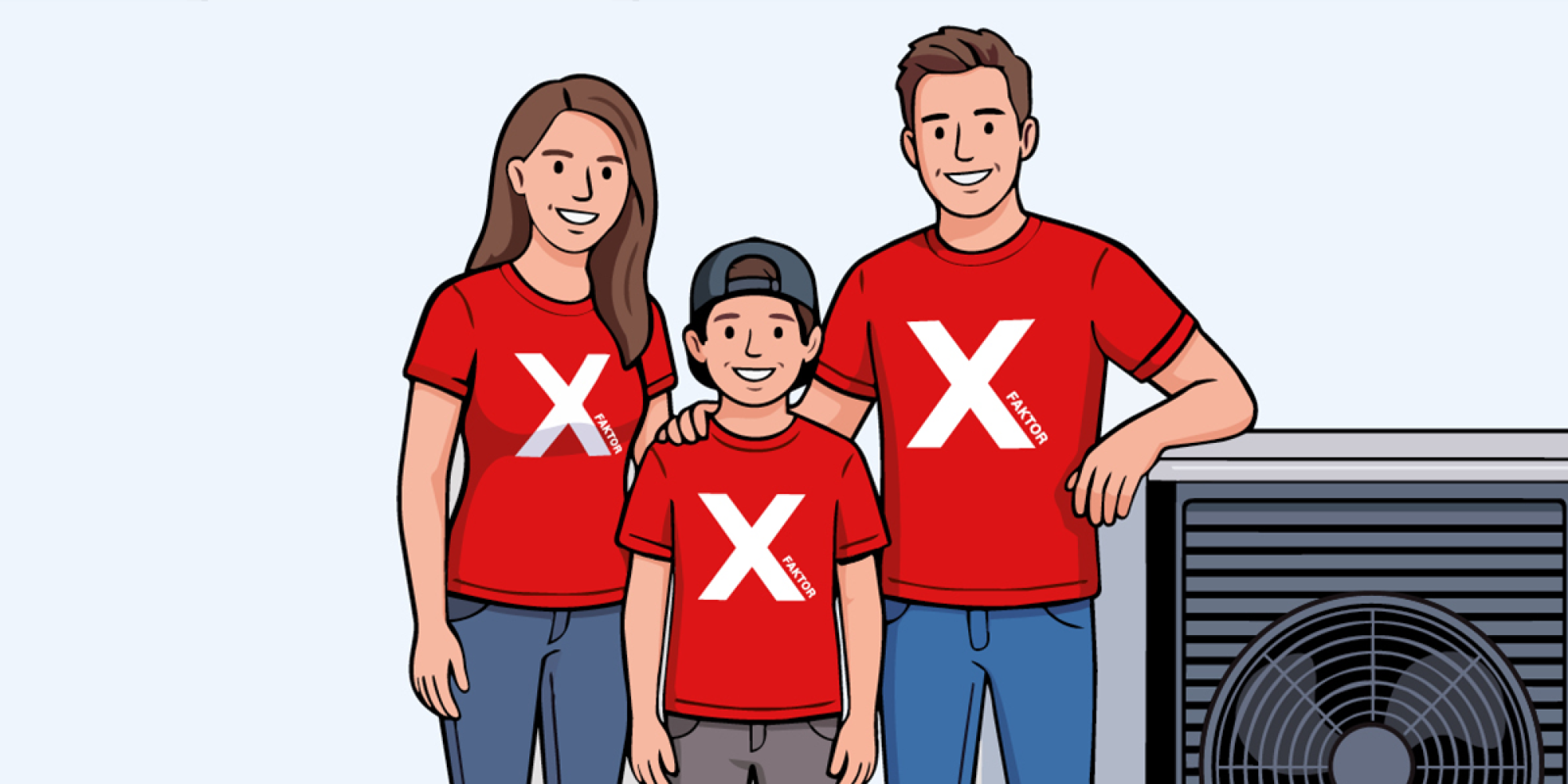 Familie mit einem X auf roten Shirts stehen vor einer Wärmepumpe