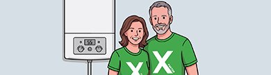 Zwei Personen mit einem X auf grünen Shirts stehen vor einer Gasheizung